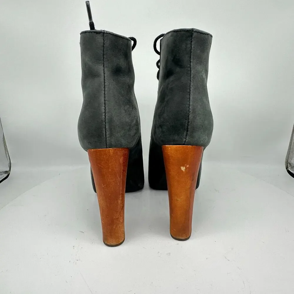 Jeffrey Campbell Lita Chunky Platform Gray Wooden Heel Leather Bootie Size 6.5